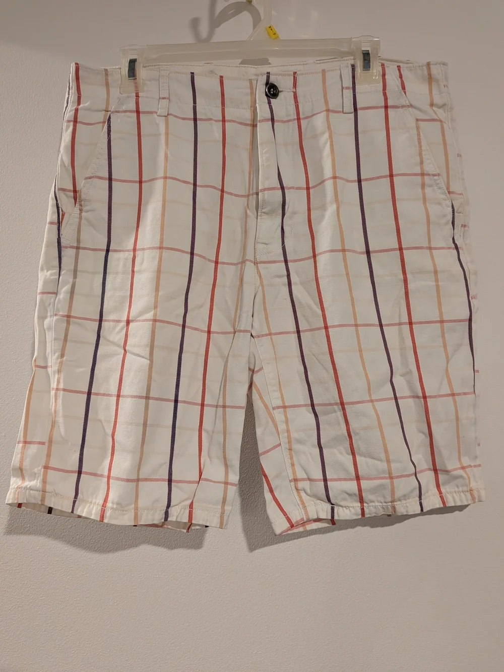 Levi's White Plaid Flat-Front Shorts with Red and Purple Stripes